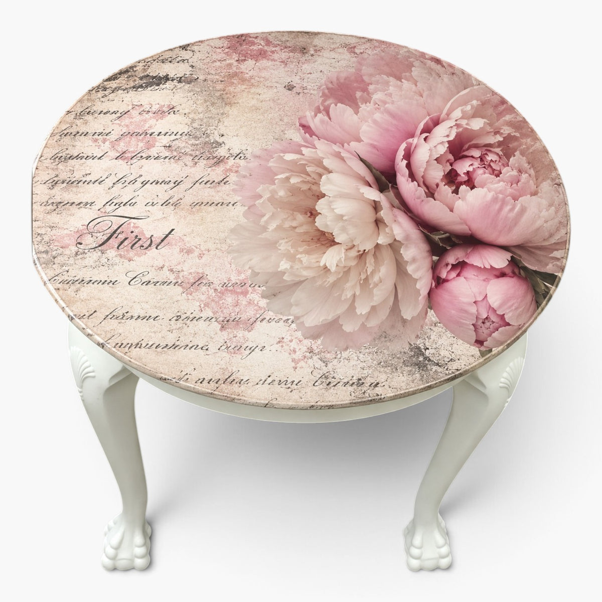 Runder Vintage Tisch mit Pfingstrosen – romantischer Esstisch „Fleur“